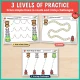 Three levels of Back to School line tracing: Just a Dot lines, bordered roads, and tracing challenges.