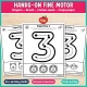 Hands-on fine motor pages to paint the number 3 with fingers, a brush and a cotton swab.