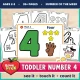 Toddler Number 4 of the Week printables with painting, tracing and counting pages for ages 2 to 3.
