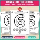 Hands-on fine motor pages to paint the number 6 with fingers, a brush and a cotton swab.