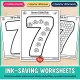 Ink-saving black and white number 7 worksheets: fill the big 7, dot the 7 and Seven Little Fish.