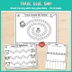 Number 7 road tracing pages with tiny glue dots (Trace Around the School, Follow the Zigzag Roads, Trace the Lunch Box Path) and a first snips page.