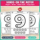 Hands-on fine motor pages to paint the number 9 with fingers, a brush and a cotton swab.