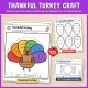 Thankful Turkey craft with six feathers where children write or draw what they are thankful for.