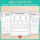 Number 4 handwriting pages: strokes, trace the number and trace the word four.