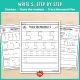 Number 5 handwriting pages: strokes, trace the number and trace the word five.