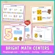 Bright math centers for the number 5: a Build 5 playdough mat, Count and Clip cards, sorting cards and a certificate.