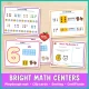 Bright math centers for the number 6: a Build 6 playdough mat, Count and Clip cards, sorting cards and a certificate.