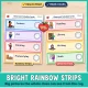 Bright rainbow schedule strips with a picture, a time line and a blank clock for every activity.