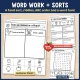 Word work and sorts: Animal or Plant?, Hen House Riddles, Word Hunt. A food sort, riddles, ABC order and a word hunt.