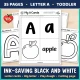 Black and white letter A pages: letter cards, big letter, play dough mat, and a first cutting page.