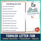 Checklist of everything included in the toddler letter E week, with the E Is for Elephant poster.