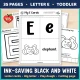 Black and white letter E pages: letter cards, big letter, play dough mat, and a first cutting page.