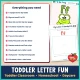 Checklist of everything included in the toddler letter F week, with the F Is for Frog poster.