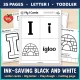 Black and white letter I pages: letter cards, big letter, play dough mat, and a first cutting page.