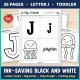 Black and white letter J pages: letter cards, big letter, play dough mat, and a first cutting page.