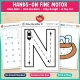 Hands-on fine motor pages for letter N: glue dots, dot markers, play dough, and a toy car on Drive the Letter N.