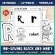 Black and white letter R pages: letter cards, big letter, play dough mat, and a first cutting page.
