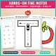 Hands-on fine motor pages for letter T: glue dots, dot markers, play dough, and a toy car on Drive the Letter T.