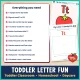 Checklist of everything included in the toddler letter T week, with the T Is for Tomato poster.