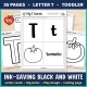 Black and white letter T pages: letter cards, big letter, play dough mat, and a first cutting page.