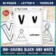 Black and white letter V pages: letter cards, big letter, play dough mat, and a first cutting page.