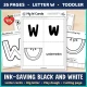 Black and white letter W pages: letter cards, big letter, play dough mat, and a first cutting page.
