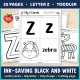 Black and white letter Z pages: letter cards, big letter, play dough mat, and a first cutting page.