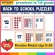 Back to School number puzzles and count and clip cards for 0 to 20, math centers for preschool and kindergarten.