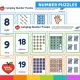 Self-checking Camping number puzzles joining numeral, word, pictures, ten frames and tally marks.