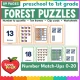 Forest number puzzles and count and clip cards for 0 to 20, math centers for preschool and kindergarten.