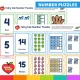 Self-checking Fairy Tale number puzzles joining numeral, word, pictures, ten frames and tally marks.