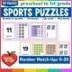 Sports number puzzles and count and clip cards for 0 to 20, math centers for preschool and kindergarten.