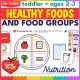 Toddler healthy foods and food groups activities with a healthy plate mat and food pieces.