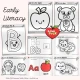 Early literacy pages from Month 1 for letters A to D, with letter tracing and fingerprint letters.