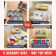 Four sensory bin setups for 2 year olds: Muffin Tin Count, Roll and Find, Goldilocks Bowls and Pattern Train.