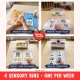 Four sensory bin setups for 2 year olds: Shaker Lab, Texture Touch, Share the Treasure and Confetti Party.