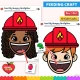 Firefighter feeder as a girl with curly hair and a boy with red hair, with food cards.