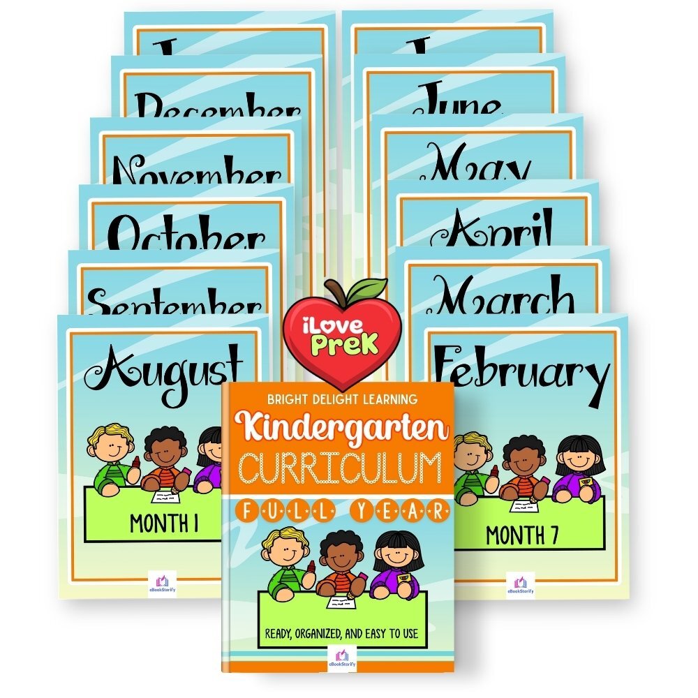 Complete Kindergarten Curriculum monthly packs organized by iLovePreK showing all 12 months