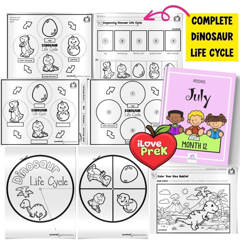 Preschool July dinosaur life cycle STEM activities by iLovePreK