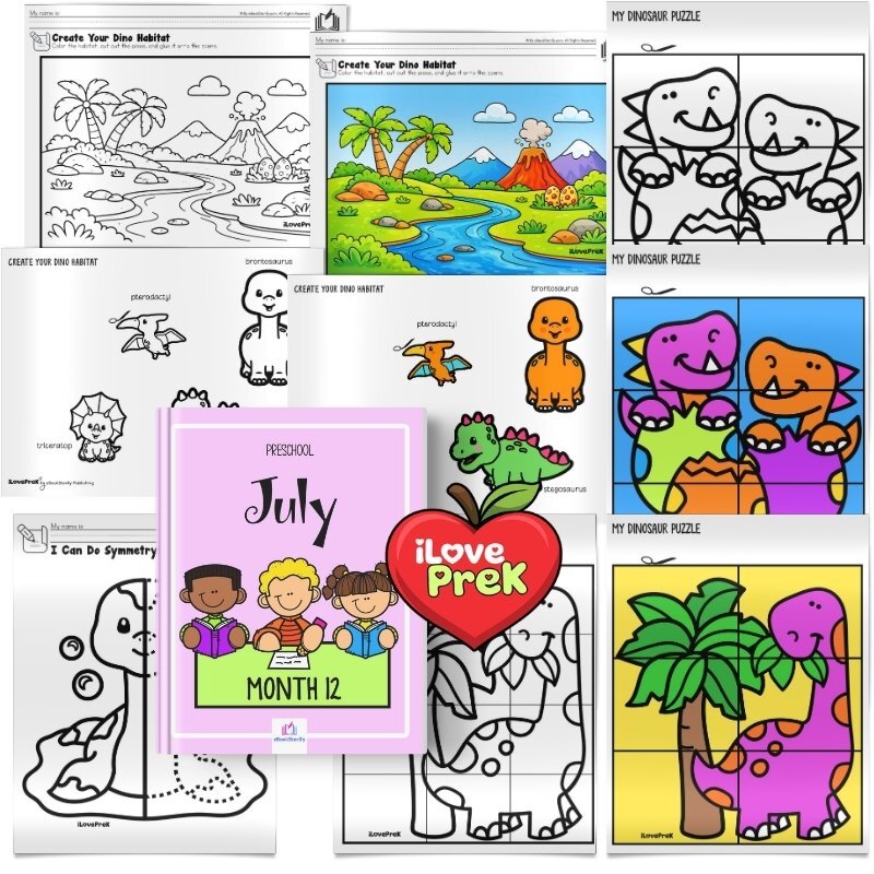 Preschool July dinosaur puzzles and habitat by iLovePreK