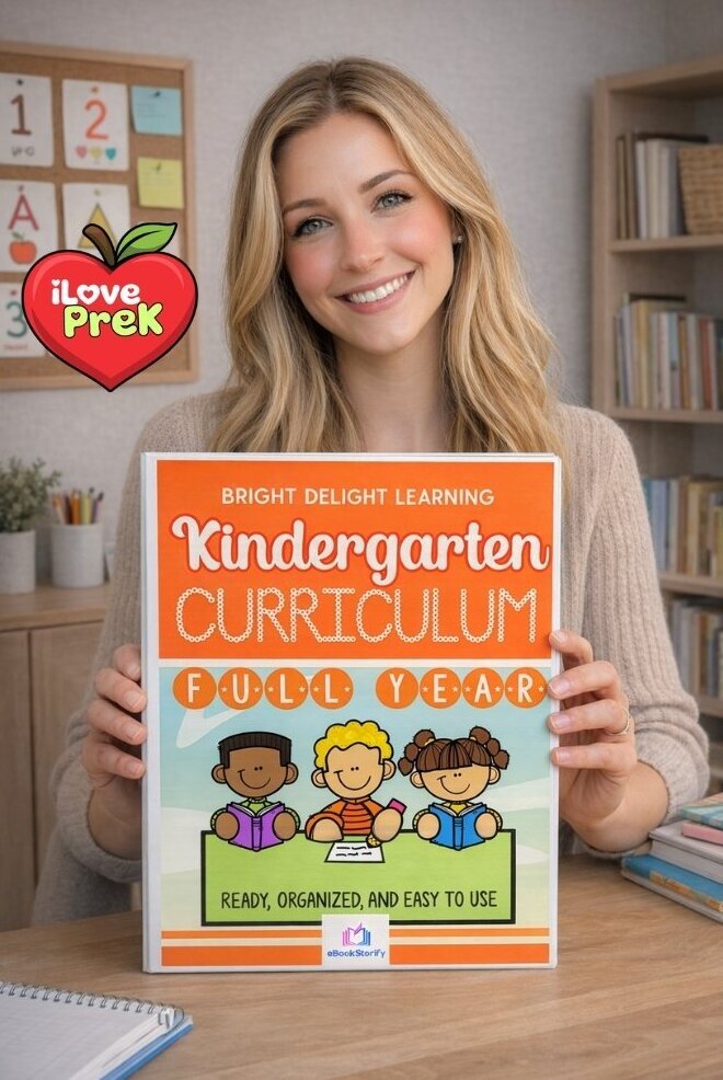 Teacher holding the iLovePreK Complete Kindergarten Curriculum binder
