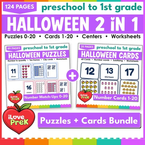 Halloween Number Match-Ups 2 in 1 bundle: number puzzles 0-20 and number match-up cards 1-20.