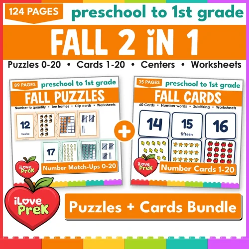 Fall Number Match-Ups 2 in 1 bundle: number puzzles 0-20 and number match-up cards 1-20.