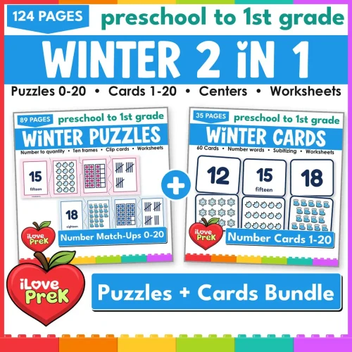 Winter Number Match-Ups 2 in 1 bundle: number puzzles 0-20 and number match-up cards 1-20.