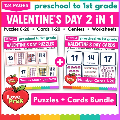 Valentine's Day Number Match-Ups 2 in 1 bundle: number puzzles 0-20 and number match-up cards 1-20.