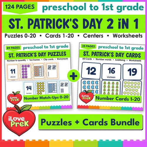 St. Patrick's Day Number Match-Ups 2 in 1 bundle: number puzzles 0-20 and number match-up cards 1-20.
