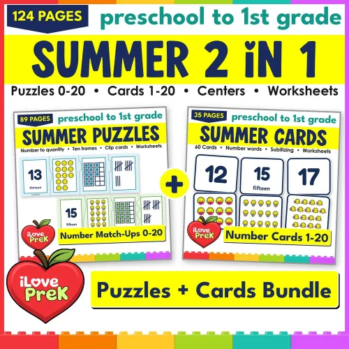 Summer Number Match-Ups 2 in 1 bundle: number puzzles 0-20 and number match-up cards 1-20.