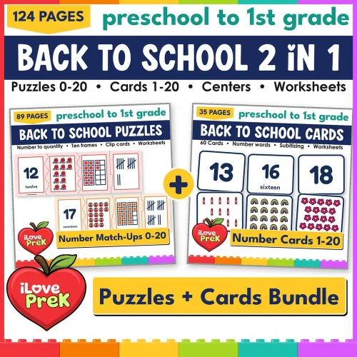 Back to School Number Match-Ups 2 in 1 bundle: number puzzles 0-20 and number match-up cards 1-20.