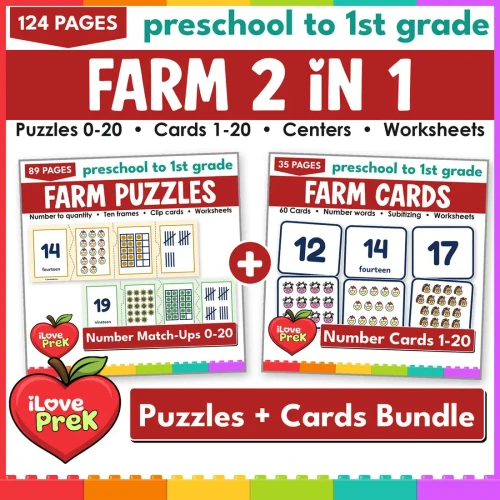 Farm Number Match-Ups 2 in 1 bundle: number puzzles 0-20 and number match-up cards 1-20.
